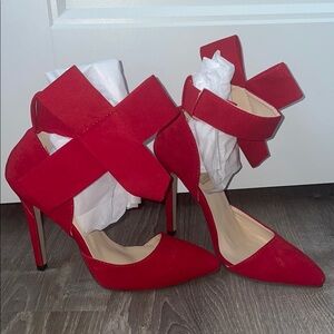 Red Suede Bow Ankle Strap Heels (size 6)